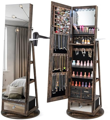 COSTWAY Armadietto Portagioie Girevole a 360°, Specchio Portagioie con Serratura, Supporto per Asciugacapelli, Ripiani, Luci LED e Cassetto (Industriale, 56 x 56 x 164 cm)