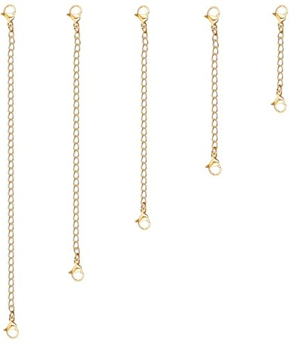 TOAOB - Lote de 5 extensiones de cadena de acero inoxidable, cadena de 50 mm, 75 mm, 100 mm, 125 mm, 150 mm, 10 cierres de mosquetones para collar, pulsera de bricolaje, fabricación de joyas, 50mm