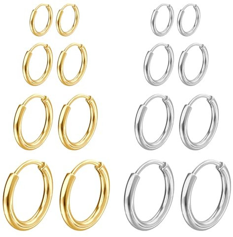 NHDDGR 8 Paia di Orecchini in Acciaio Inossidabile per Uomini e Donne, Piccoli Cerchi Chirurgici Ipoallergenici e Leggeri, Argento e Oro 8-14mm