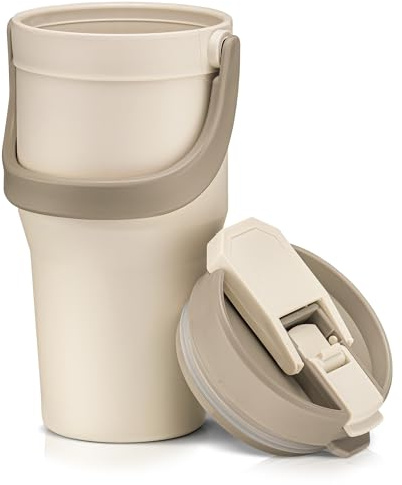 Reusable Plastic Coffee Travel Mug with Handle – Leak-Proof Lid, Microwave & Dishwasher Safe - 24 oz - Green (Beige)