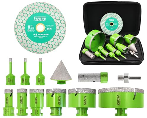 Diamond Tile Drill Bit Set - FACHLICH 13 pcs Ceramic Hole Saw Kit 6-110mm+20mm Finger Cutter+50mm Chamfer Drilling+Adapter+125mm Cutting Disc M14 Thread for Porcelain Marble Granite etc