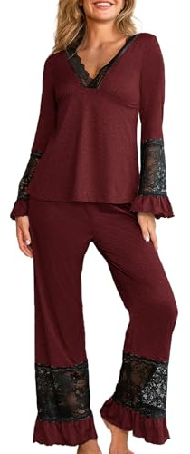 crazy bean Pigiama Donna Manica Lunga e Pantaloni in Pizzo Maglietta Scollo a V Maniche Lunghe con Volant Due Pezzi Leggero Elegante per Primavera Autunno Rosa L