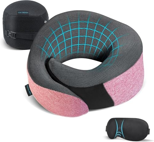 Proglobe Ensemble d'oreillers de voyage d'avion rose, oreiller cervical en mousse à mémoire de forme 100 % pure, matériau mis à jour, kit de voyage long-courrier avec masques pour les yeux 3D profilés