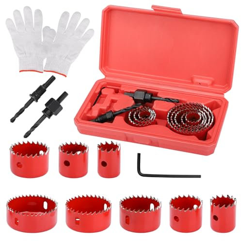 Hole Saw Kit, 11Pcs holesaw set 19-64mm Hole Cutter Perfect for Drilling Soft Metal, Wood, PVC, Plastic, Holesaws Carbon Steel Downlights Drill Bit Tools with A Pair of Gloves, Storage Box
