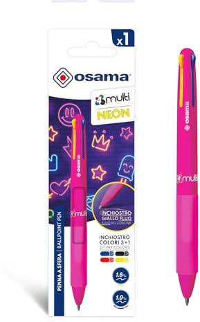 OSAMA 4 Multi Neon - 1,0 mm kulspetspenna, färgglada pennor, 4 färger, personliga bläck, svart, blå, röd och neongul (Mina 1,6 mm), kontorsmaterial, högskola, kontorsmaterial och brevpapper