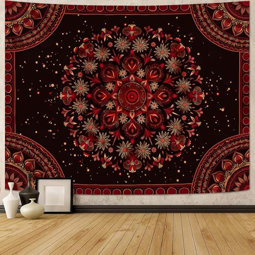 Accnicc Boho Mandala Tapestry Wall Hanging Hippie Bohemian Floral Flower Medallion Tapestry Aesthetic Large Vintage Black Red Indian Tapestries for Bedroom Living Room Dorm Decor 80 x 60 Inch