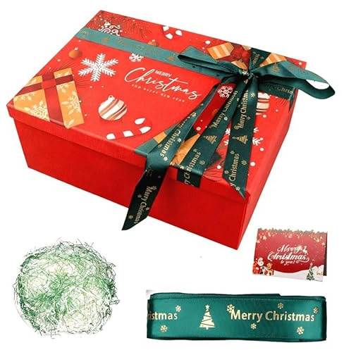 Caja de Regalo Navideña Grande con Tapa, Caja de Regalo con Lazos, Juego de Tarjetas de Felicitación, Rafia Hamper Shreds para Navidad (29 x 21 x 10,5 cm)