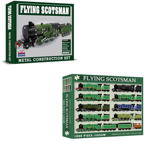 Coach House Flying Scotsman Train Gift Set 1000 Piece Jigsaw Puzzle & 340 Piece Metal Model Train Construction Kit with Tools, Great Gift for Father's Day, Birthdays & Christmas