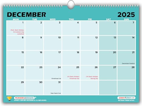 Large Wall Calendar Planner 2026 in Elegant Style by planners4winners UK | Minimalist Design Wall Calendar and Family Planner runs Dec '25 to Dec '26 (13 months) | LARGE SIZE - A3 (42x30 cm)