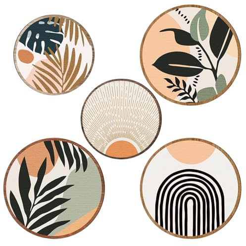 Trä-boho-väggdekoration, 5 stycken boho-dekoration, vägg, trä modern väggdekoration, väggdekoration vardagsrum, rund vintage väggdekoration, lämplig för sovrum, vardagsrum, konstrum, bondgårdar och