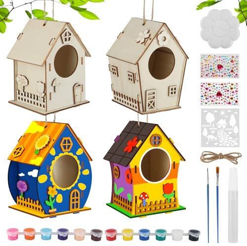 Dewdropdale Lot de 4 nichoirs à oiseaux pour enfants, kit de bricolage pour enfants, maison à oiseaux, en bois, à peindre, nichoir en bois avec forme de couleur, convient pour filles et garçons