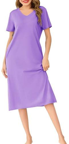 Wikoan Chemise de Nuit Femme en Coton Chemise de Nuit Longue Robe de Nuit à Manches Courtes Col en V Vêtements de Nuit Ete avec Poches S-XXL