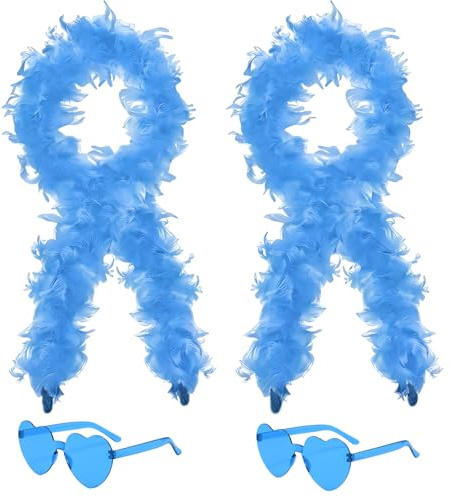 4Pcs Colorful Fancy Dress Feather Boa Set, 4ft Feather Boa with Heart Rimless Sunglasses for Women, Artificial Fluffy Boa Decorations wit for Dancing Wedding Party Cosplay Halloween (Blue)