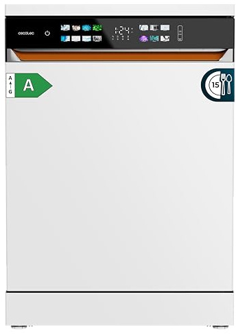 Cecotec Lavavajillas Independiente de 60 cm Bolero Aguazero 6900. 15 Cubiertos, 8 Programas, Clase A, Motor Inverter Plus, Pantalla FullColor XXL, Auto Open y Turbo Dry+, Dual Zone Wash, Blanco