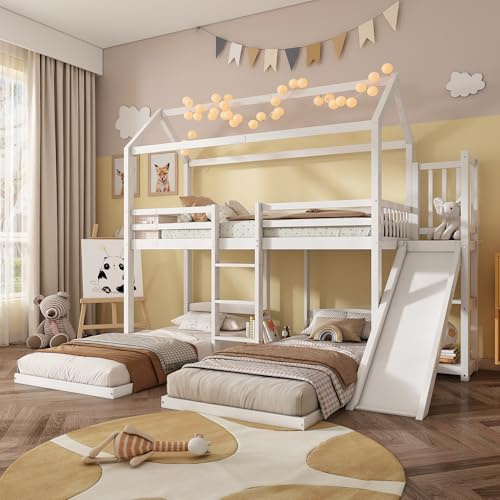Yihomfy Lit Superposé 3 Places, Lit Cabane 90x200 avec Toboggan, Étagères Ouvertes, Échelle Sécurisée et Protection Antichute, Structure Pin Renforcée, Gain de Place pour Garçon et Fille, Blanc-B