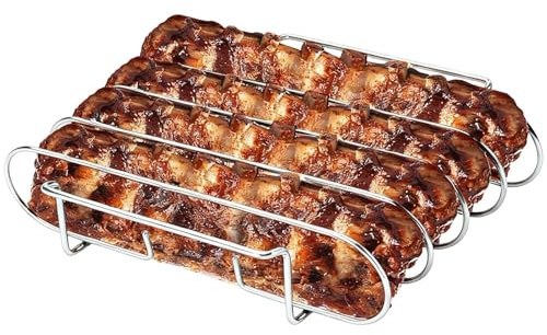 Supporto per costine in acciaio , accessorio per barbecue, grande supporto verticale in acciaio con 4 fessure, supporto per costine per grigliare la carne, per affumicare e grigliare a casa