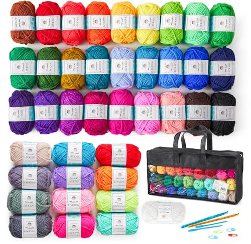 Inscraft 48 teiliges Häkelwolle Set, enthält 1400yd Häkelgarn in 40 Farben, mit 2 Häkelnadeln, 2 Stricknadeln, Aufbewahrungsbox und mehr, Häkelset für anfänger, Acrylwolle zum Häkeln & Stricken