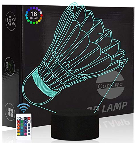 Comiwe Bádminton Luz de Noche de Ilusión 3D Juguete,Control Táctil y Remoto de 16 Colores,Lámpara de Mesa de Noche LED Para Decoración del Hogar,Regalo Para Niñas,Niños,Adultos,Amigos y Familia