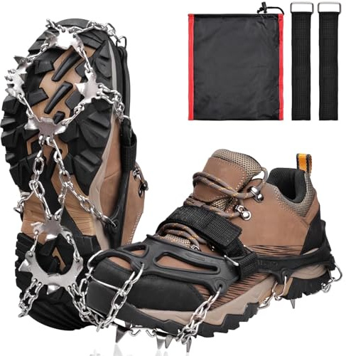 Ice Grips Snow Crampon Cleats with 19 Teeth Stainless Steel Chain Claws Anti-Slip Ice Traction Snow Spikes Footwear Shoes Cover for Hiking Fishing Jogging Walking Climbing (M)