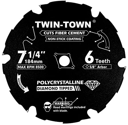 TWIN-TOWN 7-1/4 Inch 6 Tooth Polycrystalline Diamond Tipped (PCD) Hardie Fiber Cement Saw Blade with 5/8 Inch Arbor