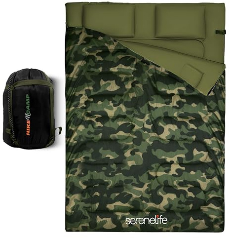 SereneLife Saco de Dormir Invierno, Doble, con Almohadas, Desmontable en 2 sleepinbags Individuales, Calido, Impermeable, Ligero, Ideal para acampadas y Senderismo en temperaturas de –12 a -15°C