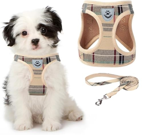 Soft Mesh Plaid Puppy Harness - Small Dog Harness and Leash Set, Adjustable & Comfortable Padded Reflective Vest for Puppies and Small Breeds Dogs Walking