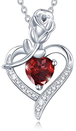 FANCIME Amore Rosa Cuore Collana in Argento Sterling 925 Granato Collana Gennaio Birthstone Collana, Regali di Compleanno di Gioielli per Donne/Lei/Ragazza/Madre/Fidanzata/Moglie, 40+5cm
