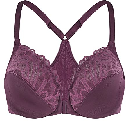 MELENECA Women's Front Fastening Racerback Plus Size Stretch Lace Underwire Unlined Bras Grape Wine 48E