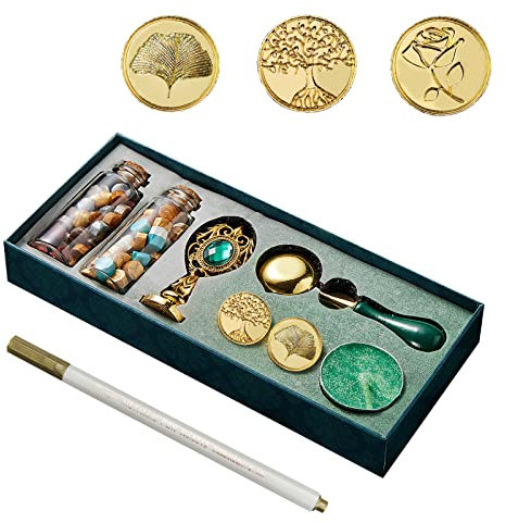 AOMAYLL Wachsstempel Set,Siegelstempel-Set für Briefe, Geschenke,1Griff aus Zinklegierung,3 Messingkopf Stempel,1 Schmelzlöffel,1Teekerzen,2 Flasche Siegelwachsperlen,1 Stück Goldener Bastelstift