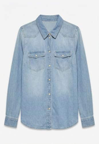 VERO MODA VMMARIA LS - Camiseta Ajustada para Mujer New Noos Blusa, Azul Claro Denim/Detalles: Punto de Abedul, L, Azul Claro. Detalles: Punto de Abedul, L