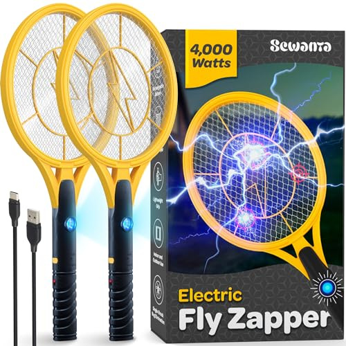 Matamoscas eléctricas [Juego de 2] Raqueta de Mano para Interiores y Exteriores – Matamoscas de 4000 voltios – Asesino instantáneo de Insectos y Mosquitos con luz LED atrayente – Zapper portátil