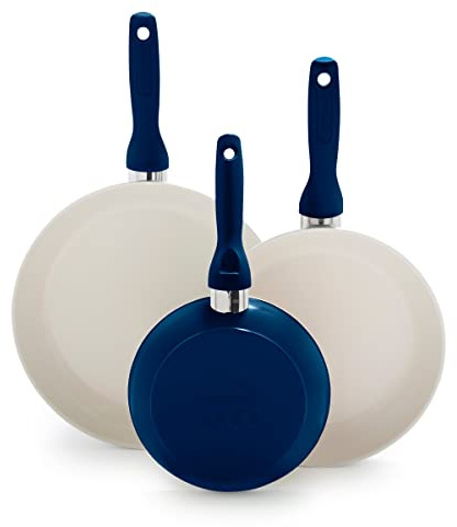GreenPan Rio Hard Anodized Healthy Ceramic Nonstick, 7 9.5 and 11 3 Piece Frying Pan Skillet Set, Soft Grip Handle, PFAS-Free, Dishwasher Safe, Oven Safe, Oxford Blue