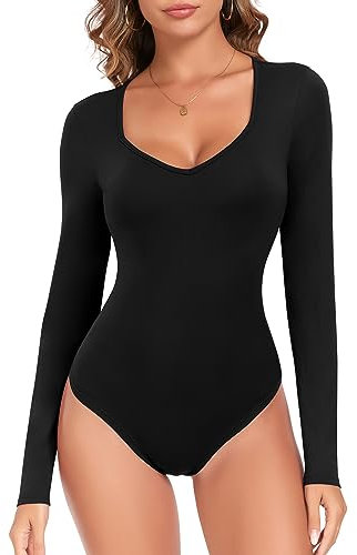 WOWNEY Body Damen Langarm, Bodysuit Oberteil Body Sexy Damenbody Schmal Bodysuits Tops Unterziehbody Elegant body für Frauen,Schwarz,M