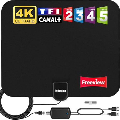 TV-Antenne für den Innenbereich, leistungsstark, TNT HD – HDTV-Antenne mit Signalverstärker mit hoher Verstärkung – großer Empfang und große Reichweite für 1080P 4K kostenlose Kanäle – 5 m