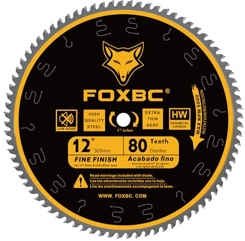 FOXBC 12 Inch Miter Saw Blade 80 Tooth Fine Finish Wood Crosscutting Saw Blade with 1 Inch Arbor