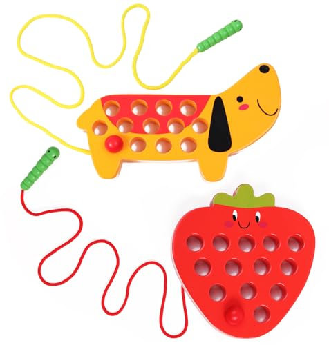 QZMTOY Montessori Holzspielzeug Fädelspiel Lernspiel Motorikspielzeug für 3 Jahre alte Reisespielzeug Kleinkind Spielzeug 1 Erdbeer und 1 Hund