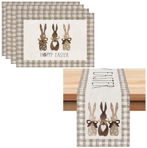 Ostern Tischläufer Und Tischsets Set, Frühling Tischdecke Platzsets Abwischbar Tisch Platzdeckchen, rutschfest Ostern Kaninchen Tischdecke Aus Leinen Für Frühling Küche Esstisch Dekoration (Stil D)