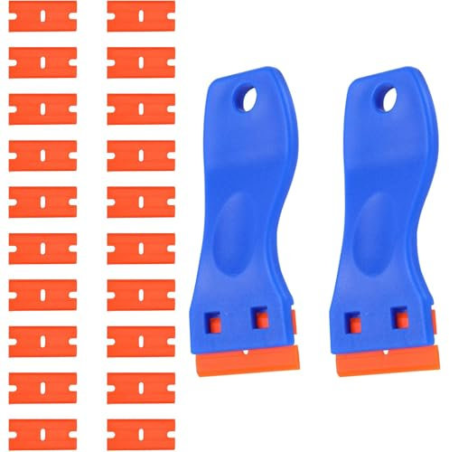 DHWEKU 2 grattoir en Plastique avec 20 Lames en Plastique,grattoir en Plastique,décapant de résidus d'adhésif pour enlever Les Autocollants de vitres Autocollants de Voiture,décapant d'étiquettes
