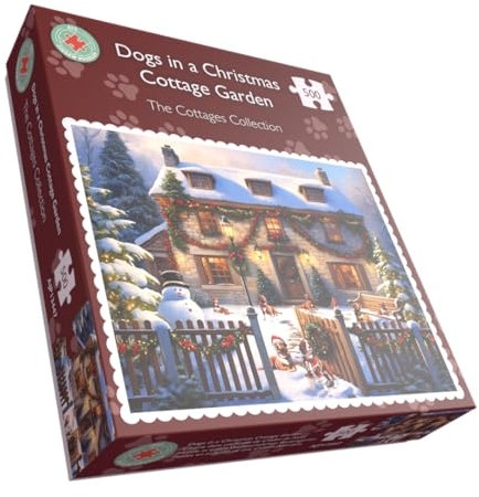 Dogs in a Christmas Cottage Garden With Snow 500 & 1000 Piece Festive Jigsaw Puzzle For Adults - Family Fun Games For Xmas - Made In Britain Size 66 x 50cm (500 Piece)