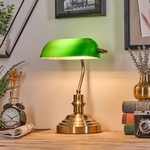 HOFSTEIN Tischleuchte Havsta, Tischlampe aus Metall/Glas in Messing/Grün/Weiß, traditionelle Bankerlampe, Schreibtischlampe für Büros im Retro/Vintage-Design mit Zugnschnur, Höhe 37,5 cm, 1 x E27