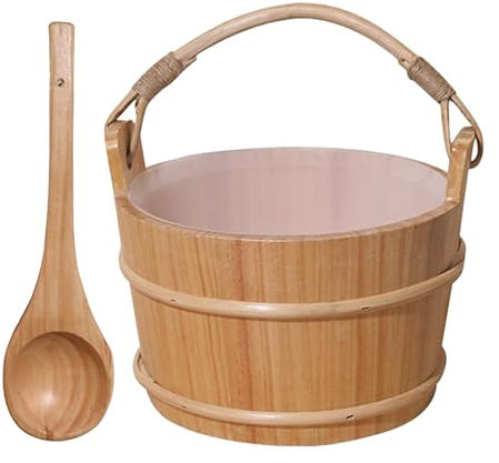 Wood Sauna Bucket, Spruce Ladle & Barrel Set, Handmade Spa Tool, Withstand Long Handle, Portable & Lightweight, Relaxation & Sweating Aid, 11.81x8.66x6.3 Inches, Natural Wood, 6l
