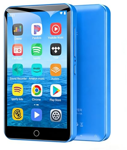 Diofox 80 GB Lettore MP3 Bluetooth e WiFi, MP3 Lettore Musicale Schermo Tattile HD 4,0 Pollici, Spotify, Amazon Music, Audible, Deezer, Radio FM, E-Book, Play Store, espandibile a 512 GB - Blu