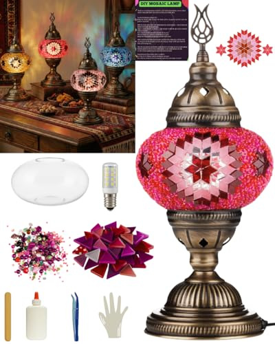DEMMEX Kit de lámpara de mesa de mosaico marroquí turco – Haz tu propia lámpara con piezas y herramientas de mosaico de vidrio – Base de latón antiguo – Sin lechada – Divertido y fácil para todas las