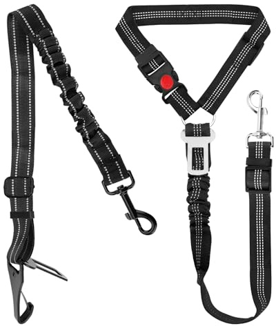 Cinturón de Seguridad para Perro Coche, Arnés Ajustable con Elástico Amortiguador y Mosquetón Fuerte, Universal para Perros y Gatos Grandes, Medianos y Pequeños