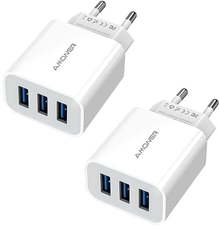 Amoner Chargeur Rapide, 2-Packs 15W 3 Port Prise USB Chargeur Rapide iPhone, Multi Secteur Universel Chargeur Mural, Adaptateur USB Universel pour Apple iOS, Android, Portables, Windows etc