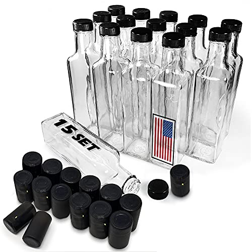 Quadra Bottles 8.5 Oz 15 Sets of Premium Commercial Grade Glass Square Bottle Leak Proof Airtight Plastic Screw Cap Lids Shrink Capsule - European Marasca 8.5 oz Bottle (Black 15sets 8.5oz 250ml)