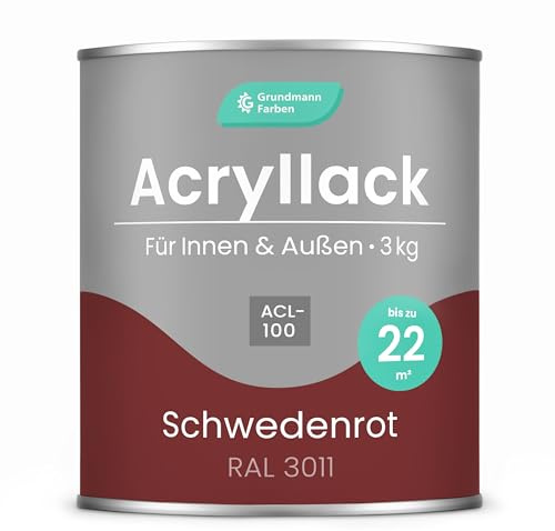 Grundmann Acryllack ACL 100 - Schwedenrot 3 Kg - 4in1 Lack inkl. Grundierung - Innen und Außen - Für Holz, Metall, Stein & Kunststoff - Braunrot RAL 3011
