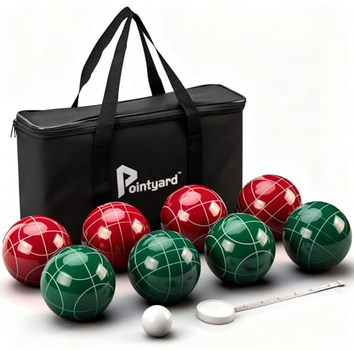 Pointyard Bocce Bollset, 90 mm klassiskt Bocci-bollset med 8 harts Bocce bollar/1 pallino/nylon dragkedja väska/måttband – utomhus familjespel för bakgård/gräsmatta/strand (röd och grön)