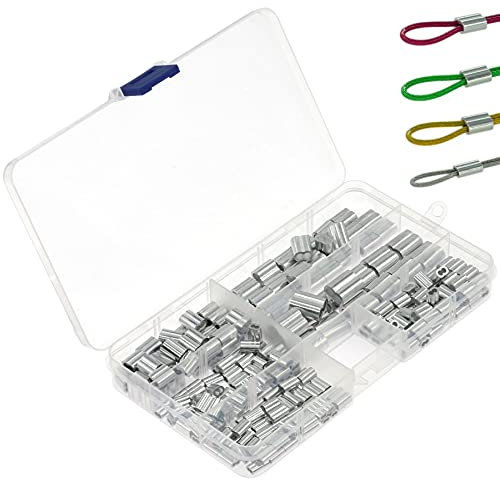 230 PCS Wire Rope Crimping Loop Sleeves, Aluminum Sleeves Clips, 6 Sizes of Wire Rope Double Hole Aluminum Sleeves