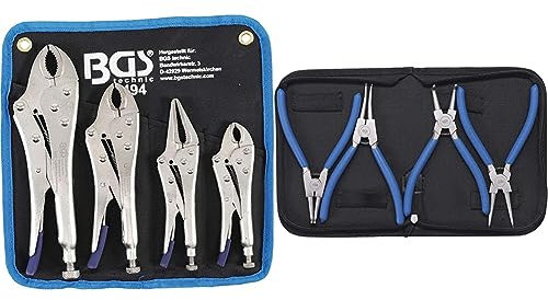 BGS 494 | Gripzangen-Satz | 4-tlg. | Gripzange 140/185 / 220 mm & 447 | Sprengringzangen-Satz | 4-tlg. | 175 mm | Seegering-Zangen | gebogen | gerade | rutschhemmend | inkl. Tasche